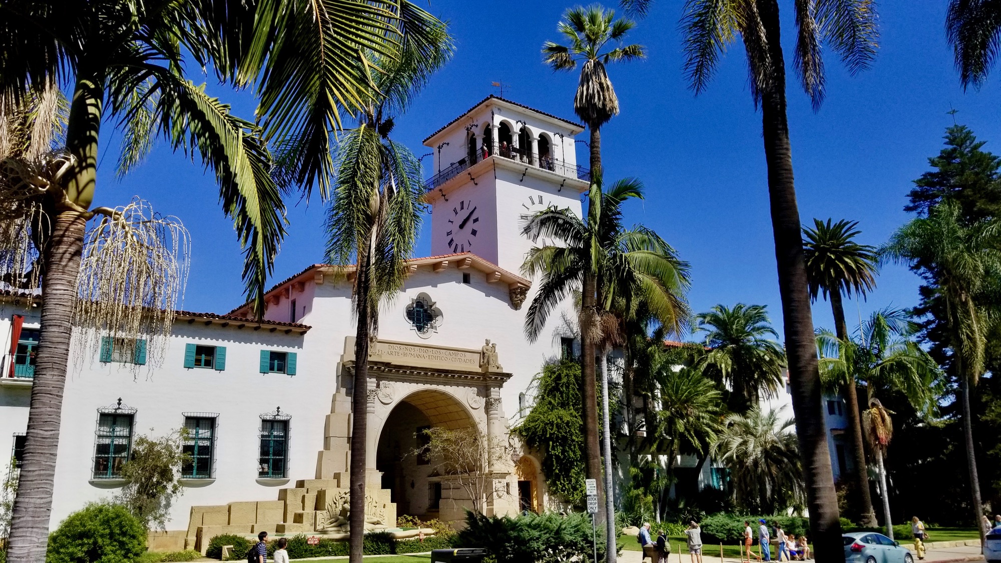 Santa Barbara County Courthouse Spanish Colonial architecture and clock tower framed by palm trees